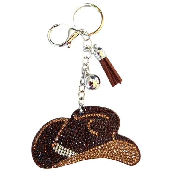 Brown Rhinestone Cowboy Hat Purse Charm keyring - Picture 3 of 3